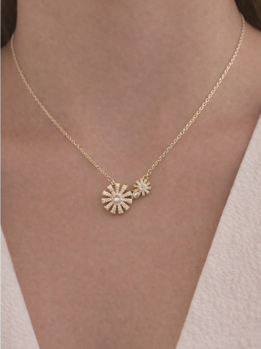 Gold Plated Double Sunburst Flower Necklace CZ Crystal Pendant Dainty Statement